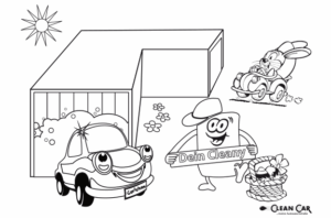 Comic Darstellung von Cleany und einer Waschstraße als Malbogen