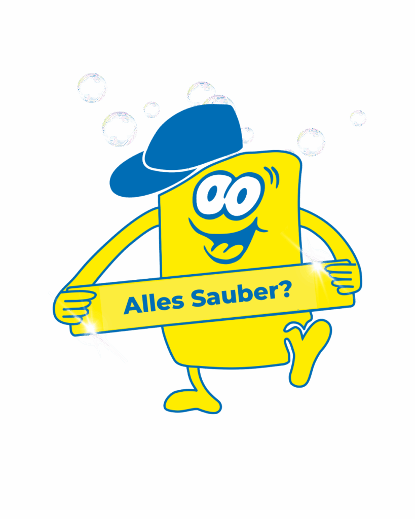 Darstellung von Cleany mit dem Bauchband "Alles sauber"