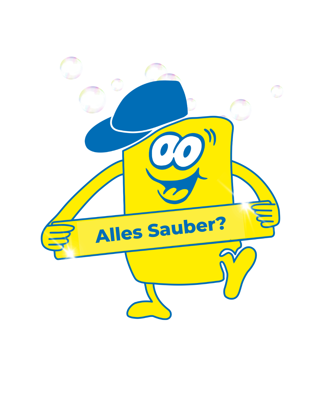 Darstellung von Cleany mit dem Bauchband "Alles sauber"