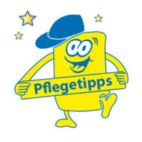Symbol vom Maskotchen Cleany mit dem Bauchband "Pflegetipps"